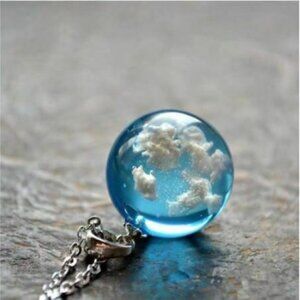 Blue Sky Cloud Pendant Necklace Glass Orb Resin Marble Ball Jewelry Gift